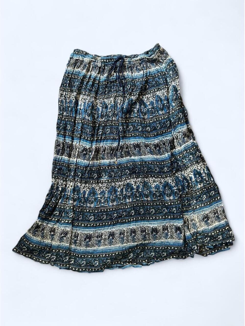 Vintage Y2K Blue Boho Indian Cotton Adjustable Drawstring Maxi Skirt One Size 💙 - Picture 4 of 8